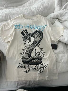 Ed Hardy Cream Tee with Black Tag and Red Logo